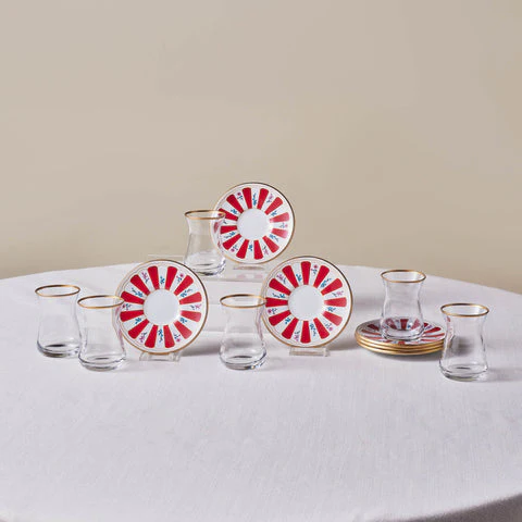 Karaca Bursa Theeglas, 12-delig, Rood