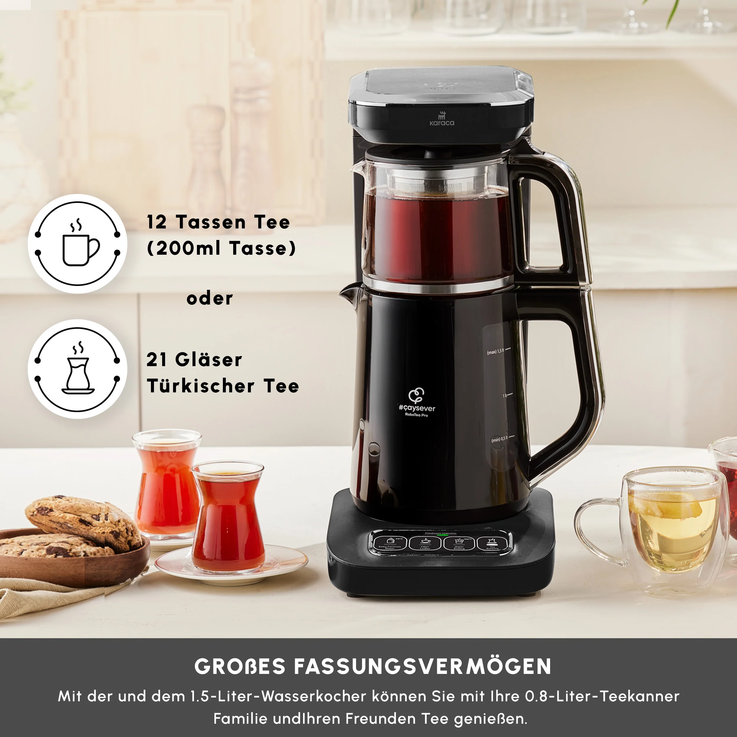 Karaca Caysever Robotea Pro 4 in 1, automatische theezetter, waterkooker en filterkoffiezetter met spraakfunctie, 2500 W, chroom - Image 3