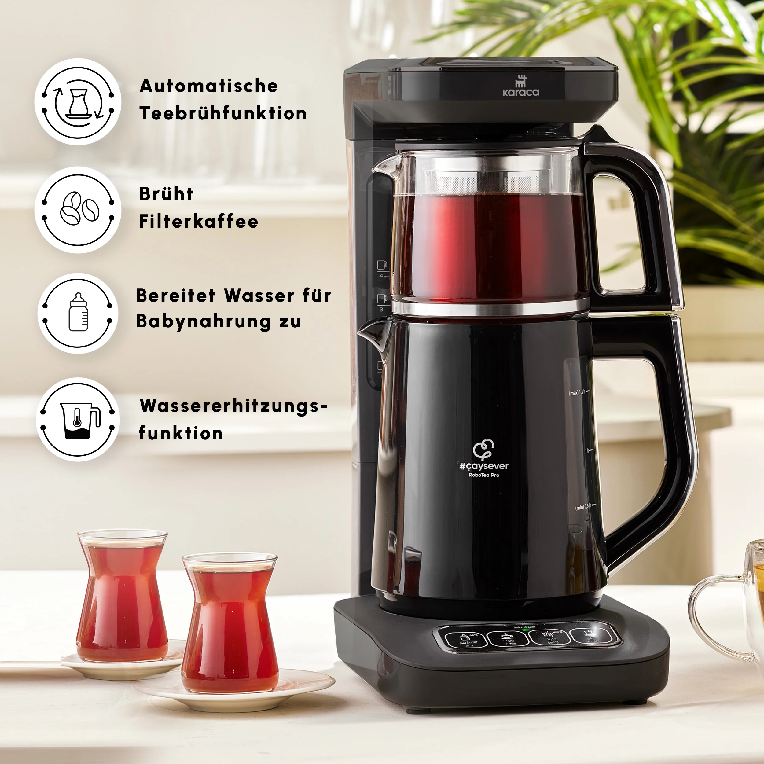 Karaca Caysever Robotea Pro 4 in 1, automatische theezetter, waterkooker en filterkoffiezetter met spraakfunctie, 2500 W, chroom - Image 4