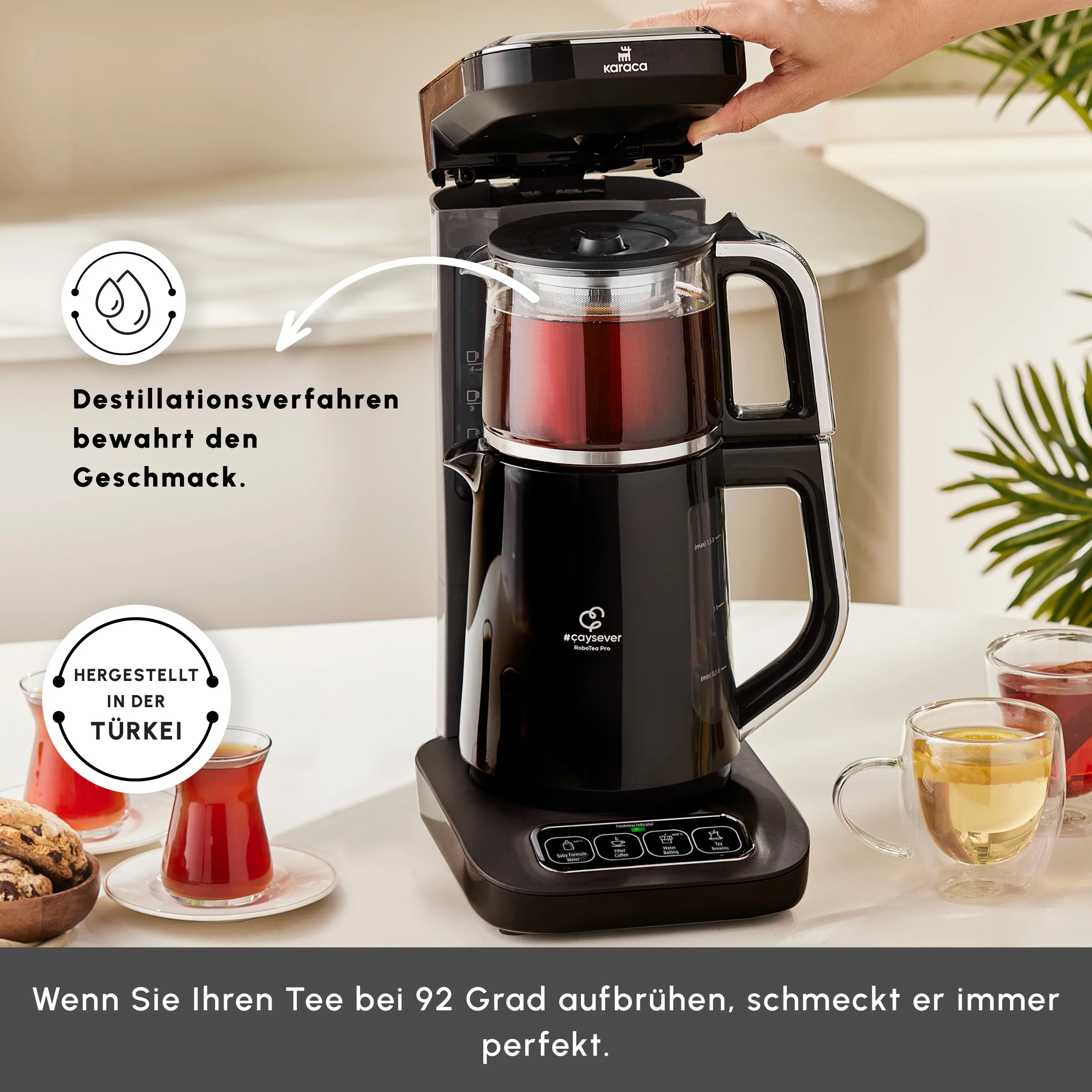 Karaca Caysever Robotea Pro 4 in 1, automatische theezetter, waterkooker en filterkoffiezetter met spraakfunctie, 2500 W, chroom - Image 6