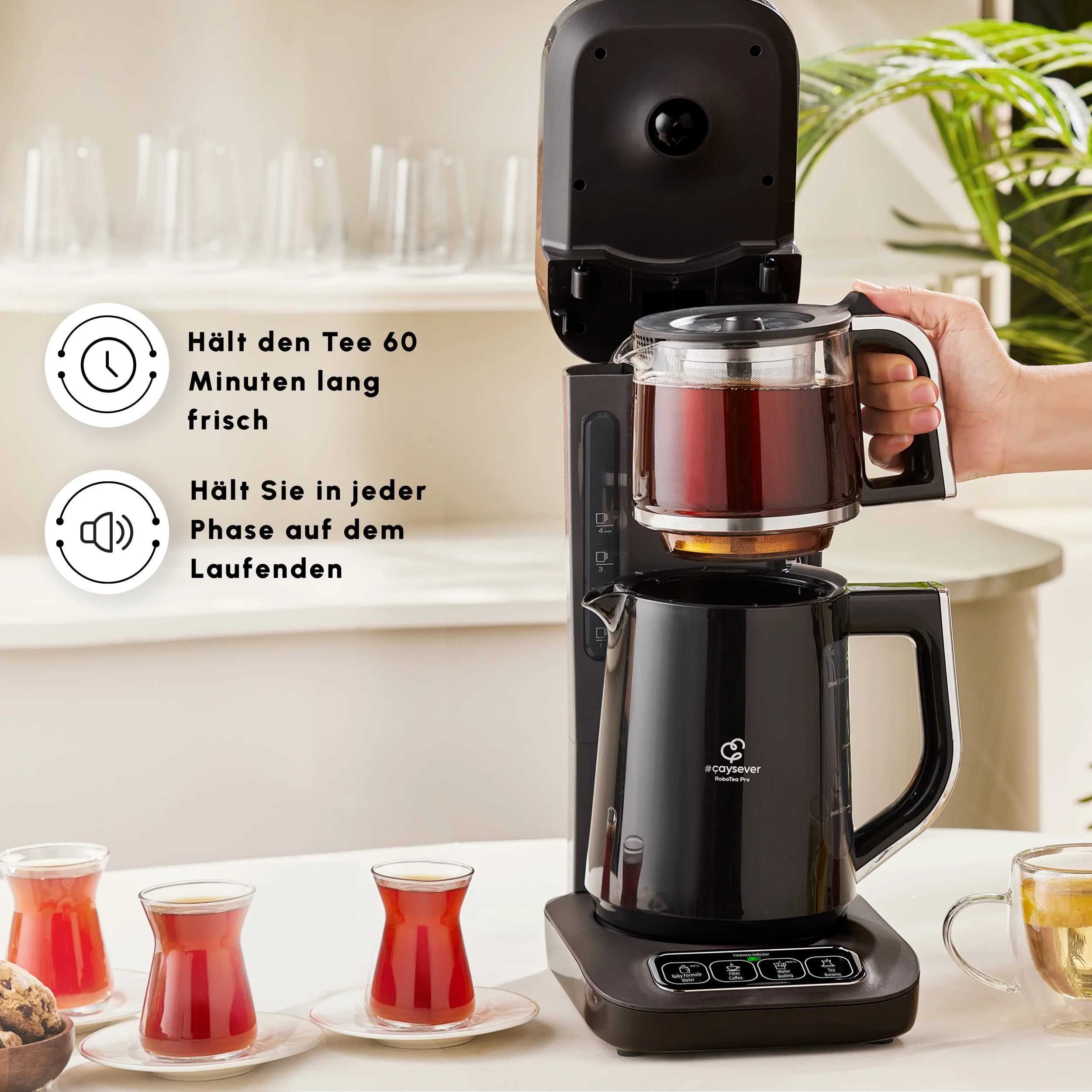 Karaca Caysever Robotea Pro 4 in 1, automatische theezetter, waterkooker en filterkoffiezetter met spraakfunctie, 2500 W, chroom - Image 7