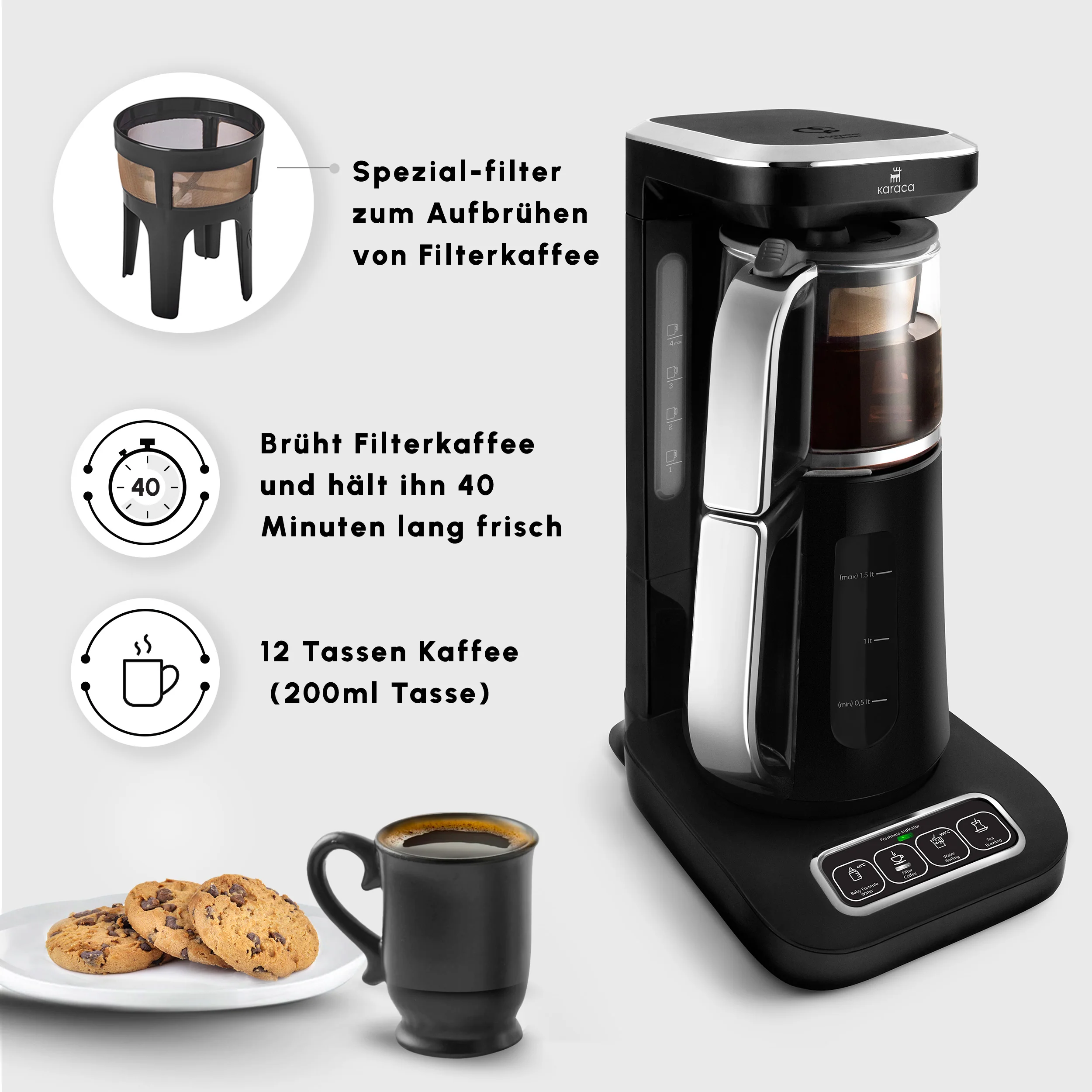 Karaca Caysever Robotea Pro 4 in 1, automatische theezetter, waterkooker en filterkoffiezetter met spraakfunctie, 2500 W, chroom - Image 8