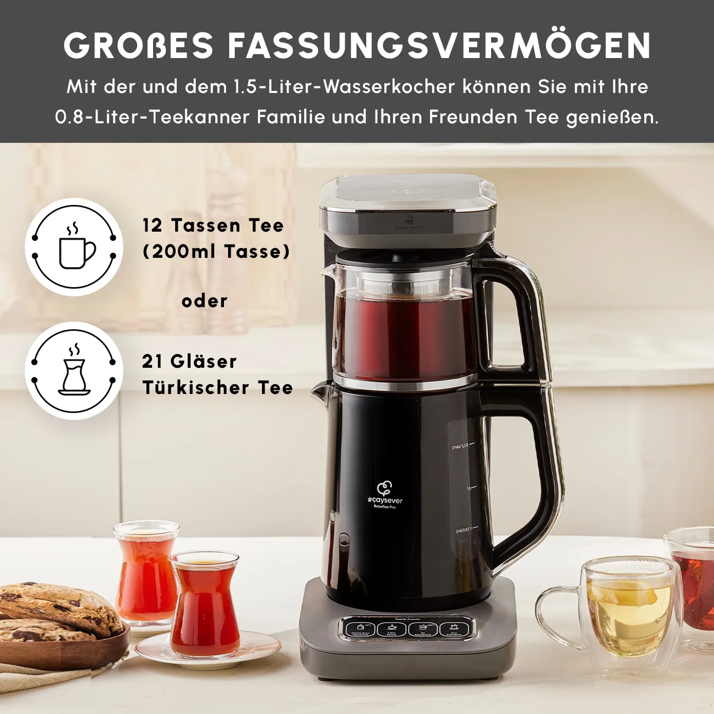 Karaca Caysever Robotea Pro 4 in 1, automatische theezetter, waterkooker en filterkoffiezetter met spraakfunctie, 2500 W, ruimtegrijs - Image 3