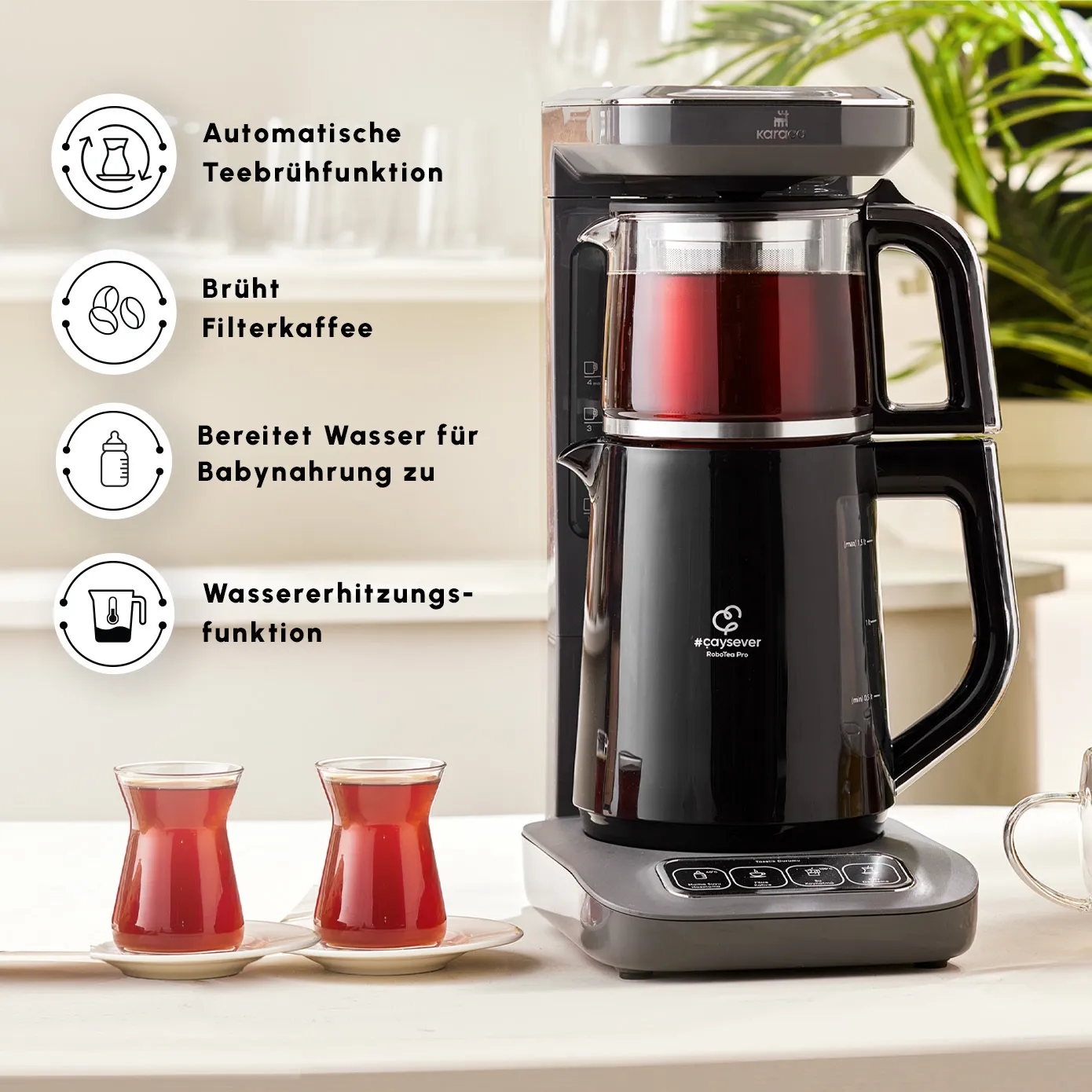 Karaca Caysever Robotea Pro 4 in 1, automatische theezetter, waterkooker en filterkoffiezetter met spraakfunctie, 2500 W, ruimtegrijs - Image 5