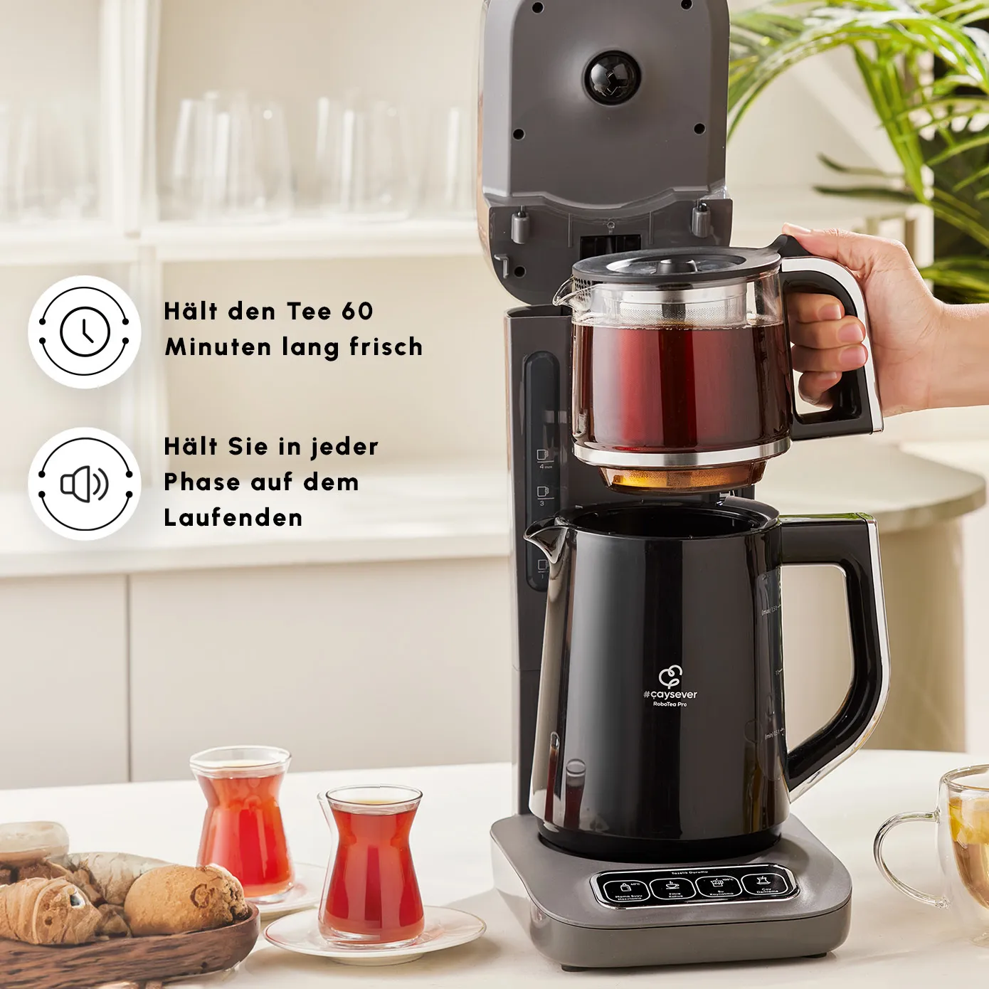 Karaca Caysever Robotea Pro 4 in 1, automatische theezetter, waterkooker en filterkoffiezetter met spraakfunctie, 2500 W, ruimtegrijs - Image 6