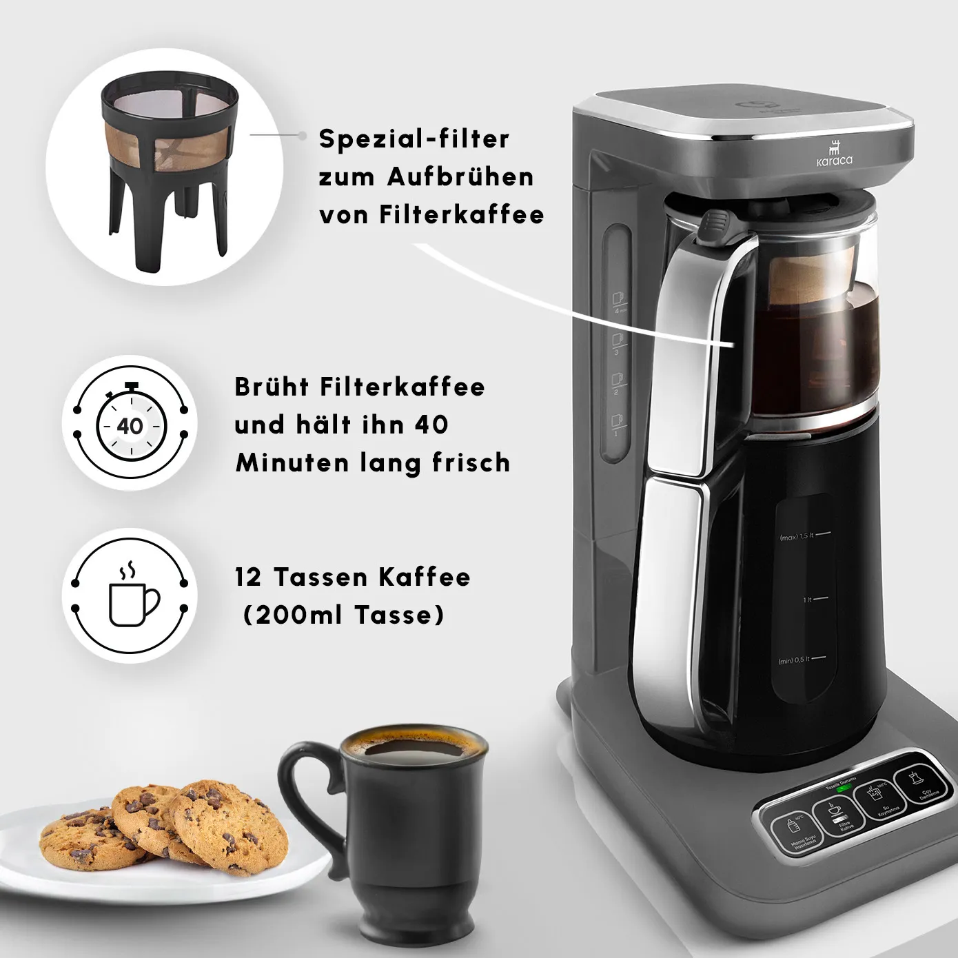 Karaca Caysever Robotea Pro 4 in 1, automatische theezetter, waterkooker en filterkoffiezetter met spraakfunctie, 2500 W, ruimtegrijs - Image 7