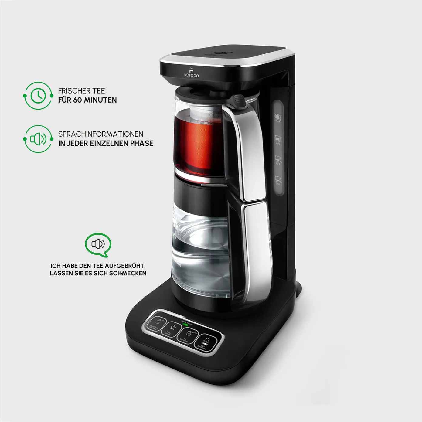 Karaca Çaysever Robotea Pro 4 in 1 Sprekend Automatisch Theezetapparaat met Glas, Waterverwarmer en Filter Koffiezetapparaat 2500W Zwart Chroom - Image 3