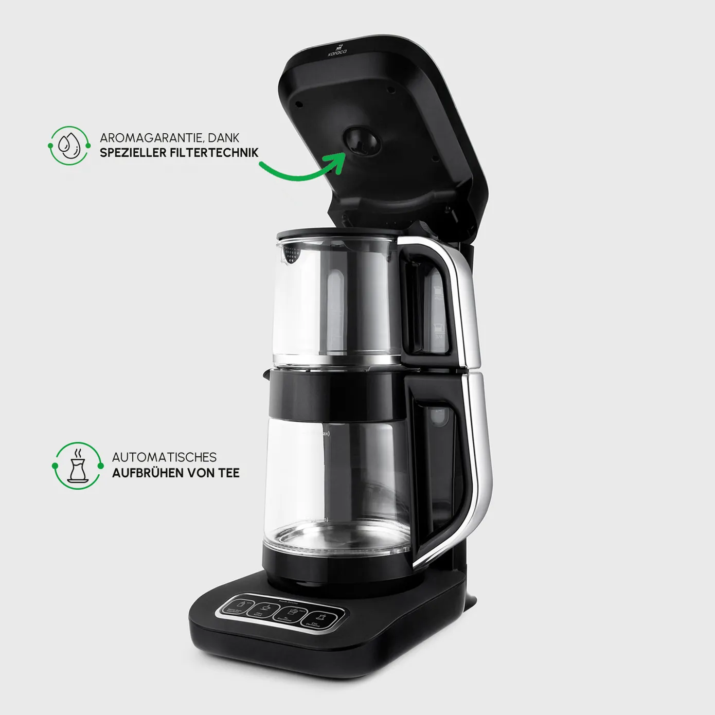 Karaca Çaysever Robotea Pro 4 in 1 Sprekend Automatisch Theezetapparaat met Glas, Waterverwarmer en Filter Koffiezetapparaat 2500W Zwart Chroom - Image 5