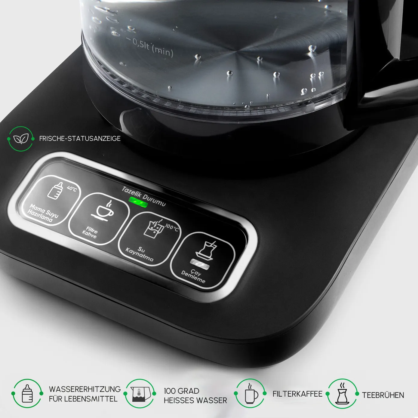 Karaca Çaysever Robotea Pro 4 in 1 Sprekend Automatisch Theezetapparaat met Glas, Waterverwarmer en Filter Koffiezetapparaat 2500W Zwart Chroom - Image 6