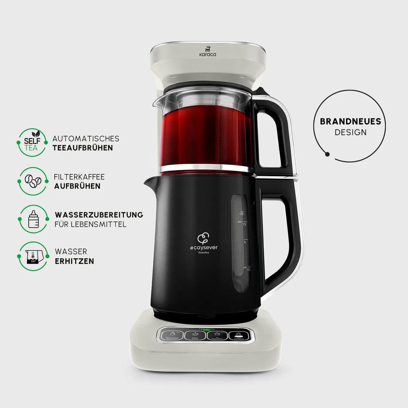 Karaca Caysever Robotea Pro, 4-in-1 theemaker, waterkoker en filterkoffiezetapparaat met spraakfunctie, Starlight