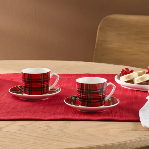 Karaca Ekose V2 4-Delig Bone China Espresso Turks Koffiekopjesset Voor 2 Personen, 80 Ml, Rood