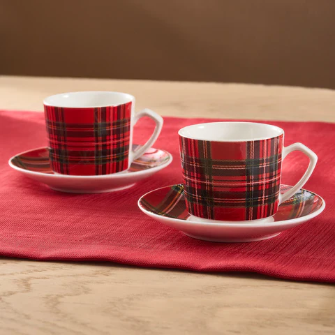 Karaca Ekose V2 4-Delig Bone China Espresso Turks Koffiekopjesset Voor 2 Personen, 80 Ml, Rood - Image 3