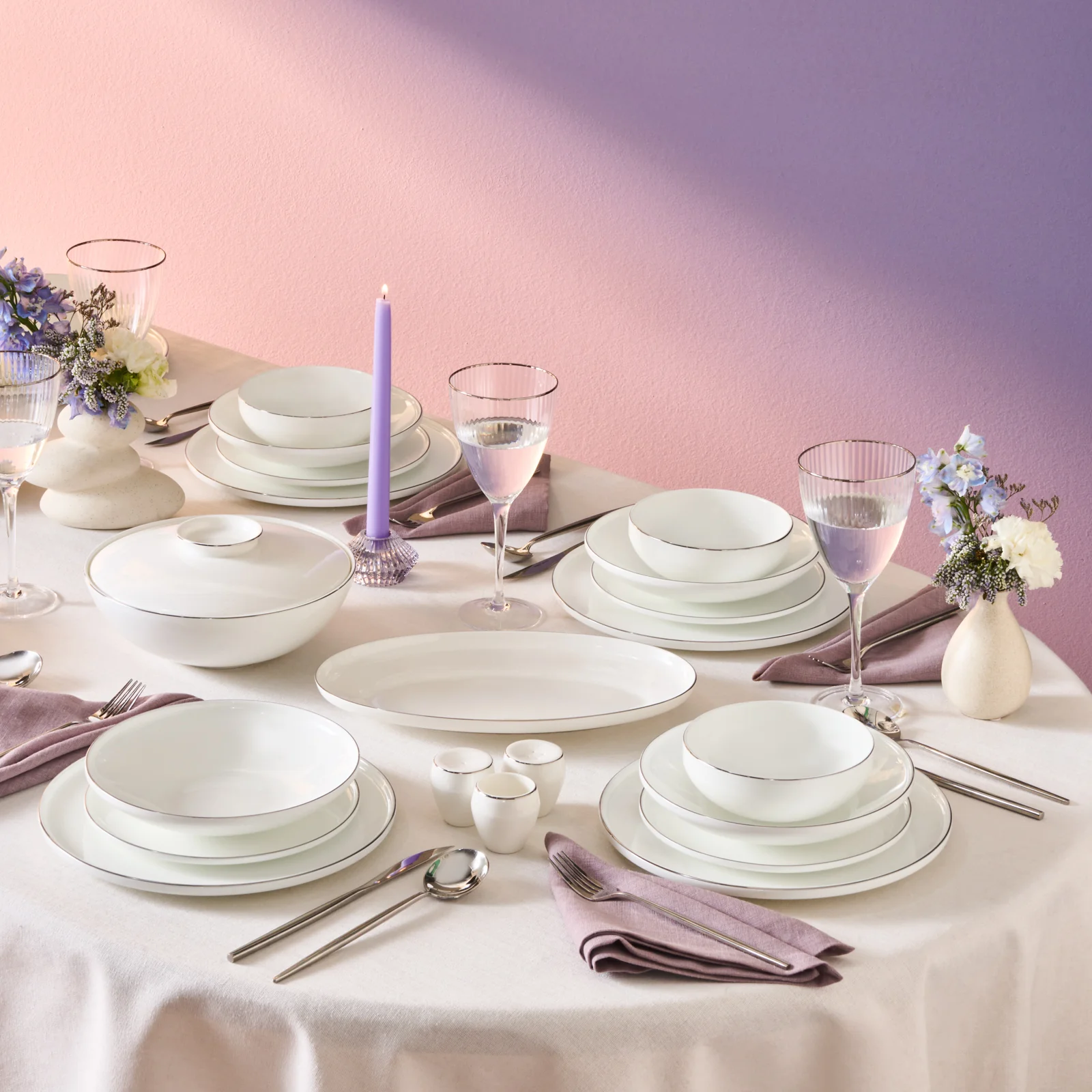 Karaca Fine Bone Meridian 55-delige Eetserviesset voor 12 Personen Platina