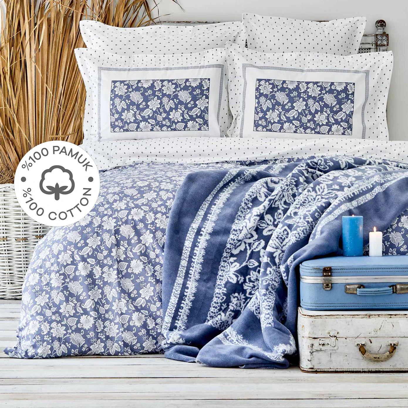 Karaca Home Celerina 100% katoenen tweepersoons hoes dekbedovertrekset blauw