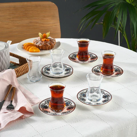 Karaca Nakkas 12-delige Turkse Theeset van Bone China voor 6 Personen, 130 ml, Rood - Image 2