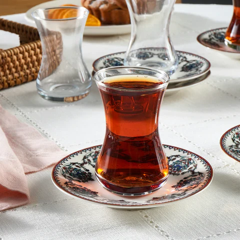 Karaca Nakkas 12-delige Turkse Theeset van Bone China voor 6 Personen, 130 ml, Rood - Image 3