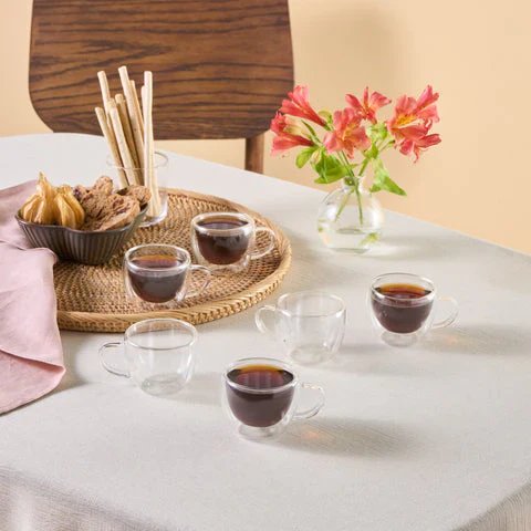 Karaca Olivia 6-Delig Dubbelwandig Espresso- En Turks Koffiekopjesset Voor 6 Personen, 80 Ml, Transparant