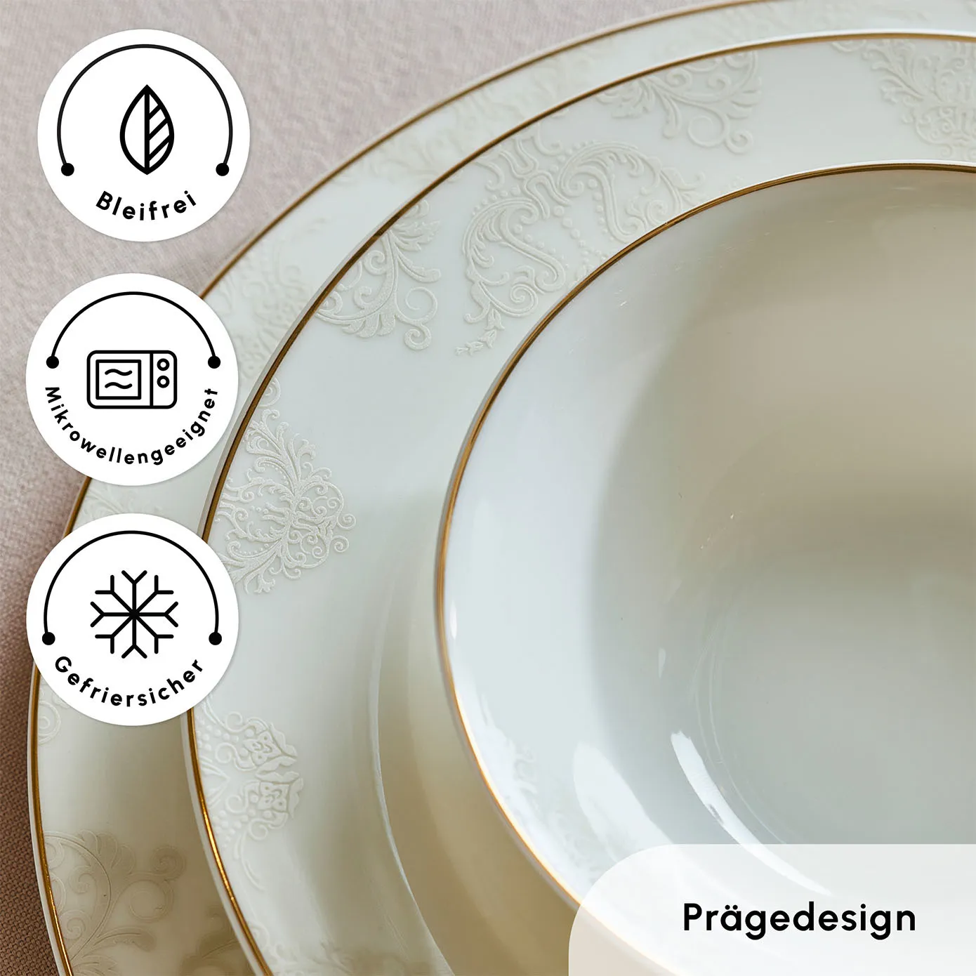 Karaca Siena 56-Delig New Generation Bone Eetservies met Gouden Rand voor 12 Personen
