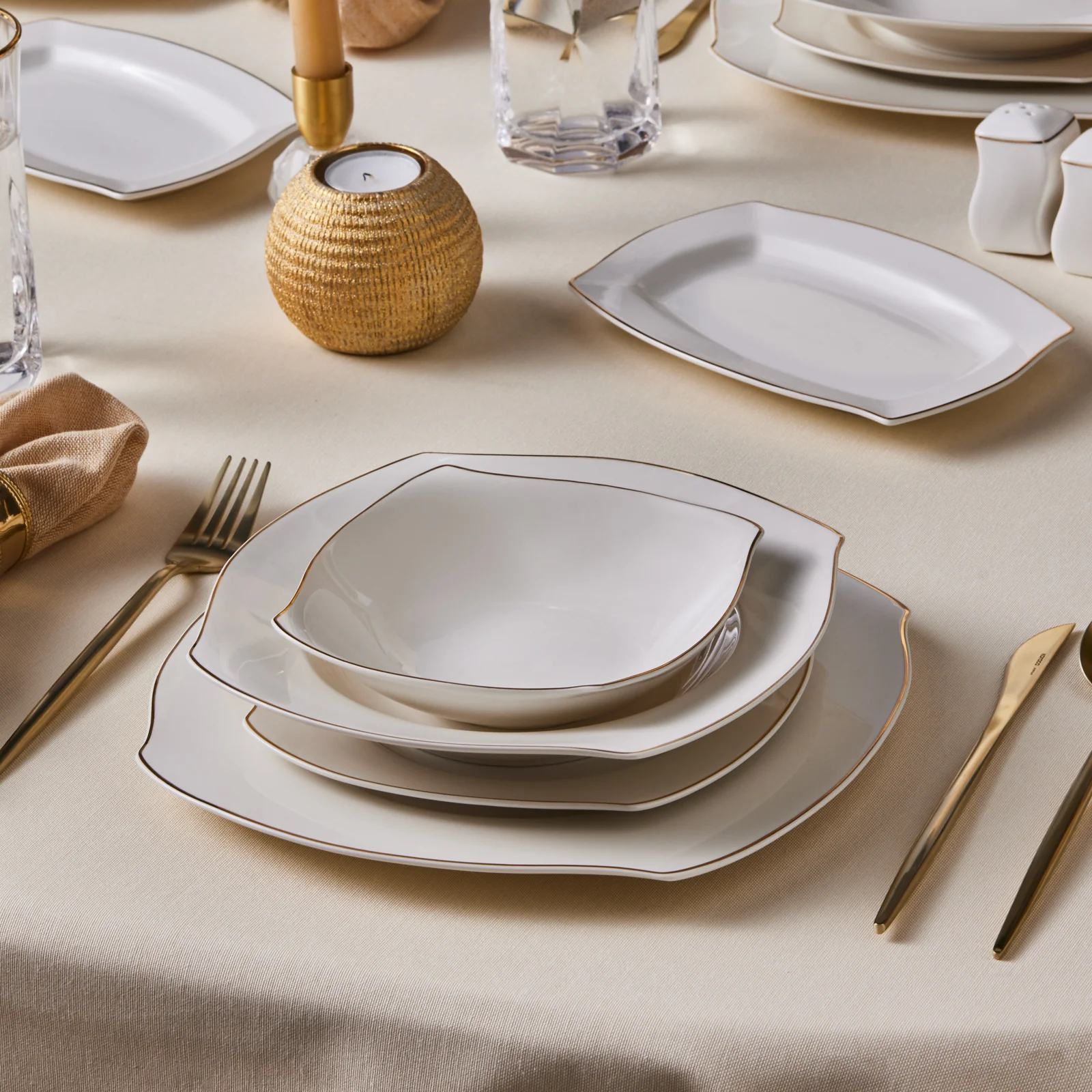 Karaca Square Bone Wave 53-Delig 12-Persoons Servieset Goud - Image 4