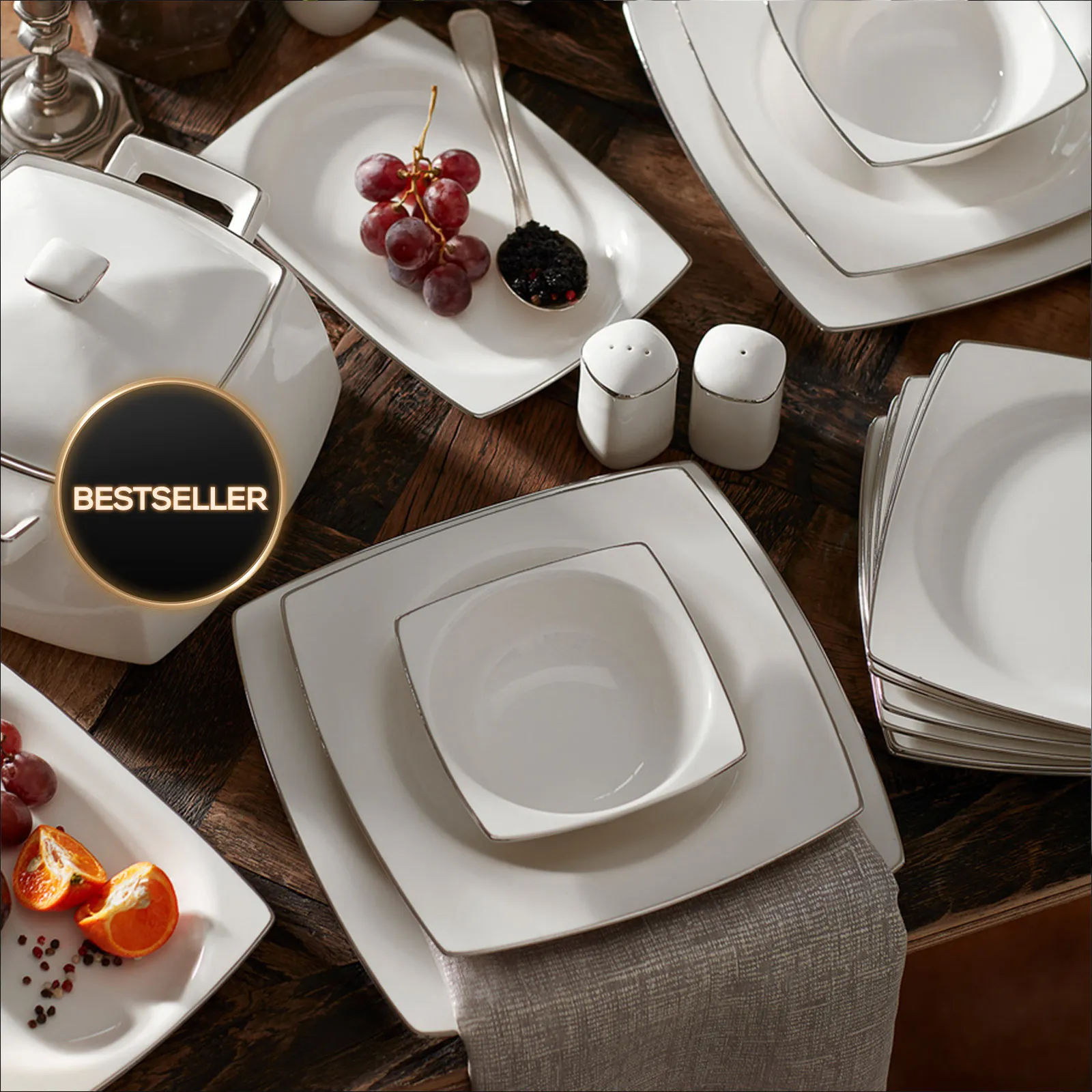 Karaca Talia Cream 60-delige Tafelservies Set voor 12 Personen – Platina, Vierkant - Image 3