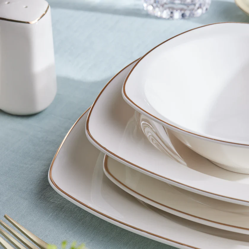 Karaca Timeless 59-delige Porseleinen Halve Vierkante Dinerset voor 12 Personen, Goud - Image 18