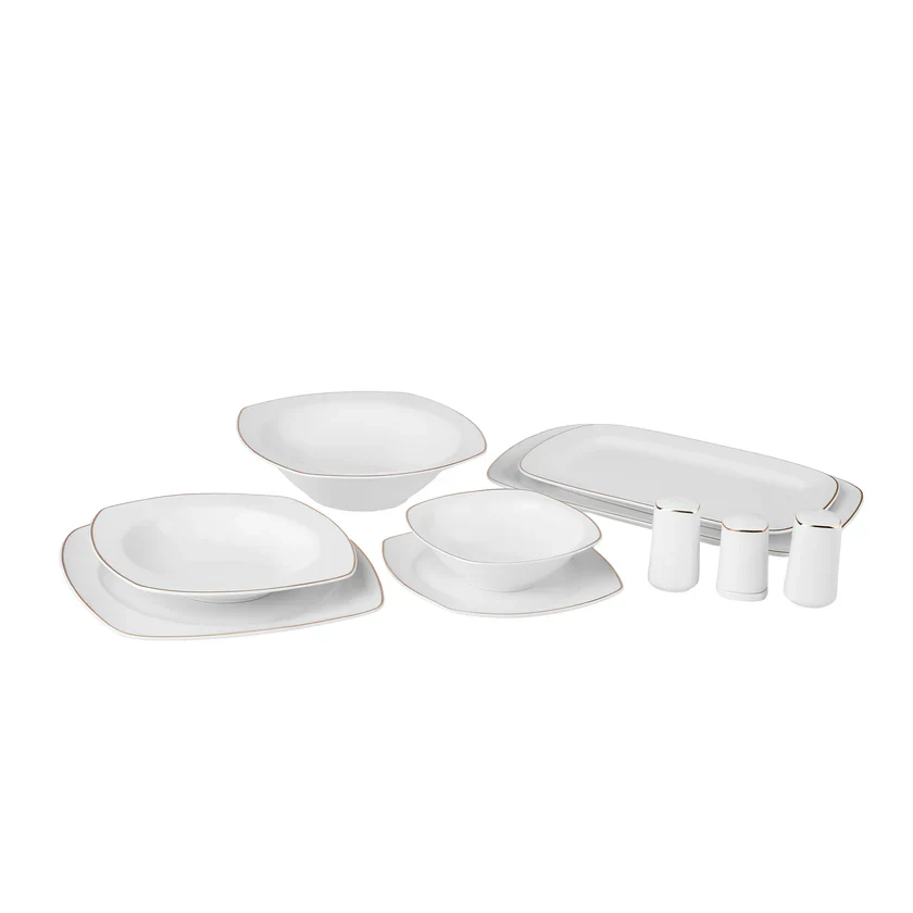Karaca Timeless 59-delige Porseleinen Halve Vierkante Dinerset voor 12 Personen, Goud - Image 8